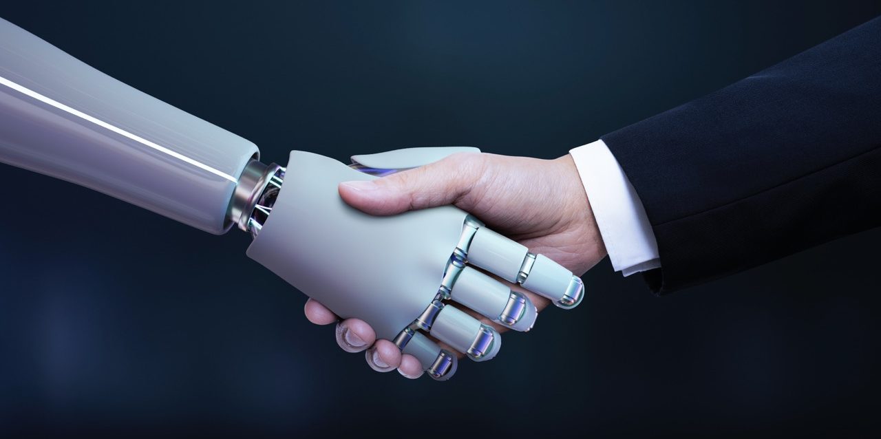 Business hand robot handshake, artificial intelligence digital transformation