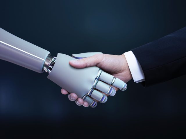 Business hand robot handshake, artificial intelligence digital transformation