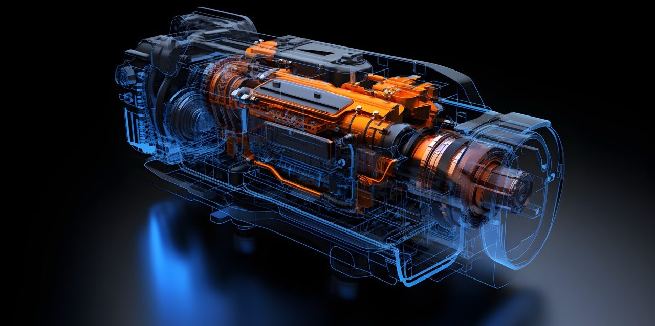 A image of a blue wireframe of a electric engine isolated on black background. Digital twin technology. Generative AI