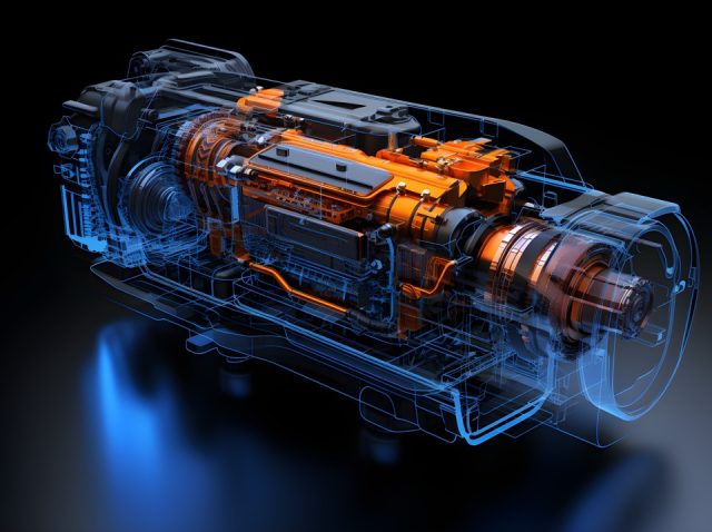 A image of a blue wireframe of a electric engine isolated on black background. Digital twin technology. Generative AI